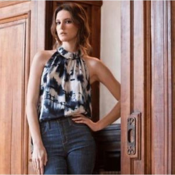 Go Silk Go Pleats Please Cutaway Blouse High Draped Neck Striped Tie Dye Medium - Picture 1 of 7